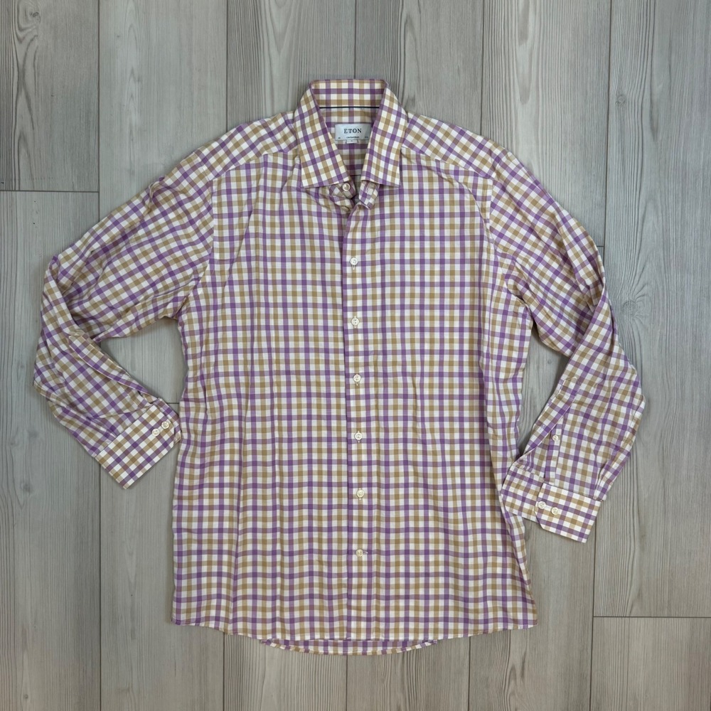 Eton Contemporary Fit Shirt XL 17.5 Purple Tan Gingham Cotton Linen Check
